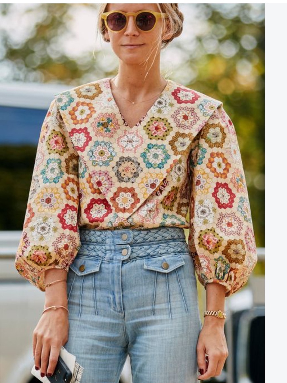 Batsheva Multicolor Patchwork Floral V-Neck Puff Sleeve Blouse